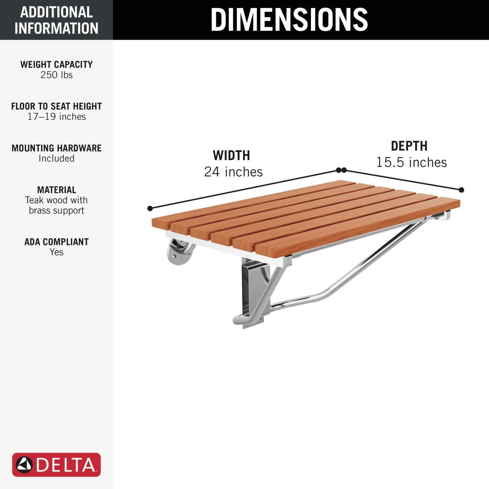 Tilt-Up Wall-Mounted Wood ADA Shower Seat