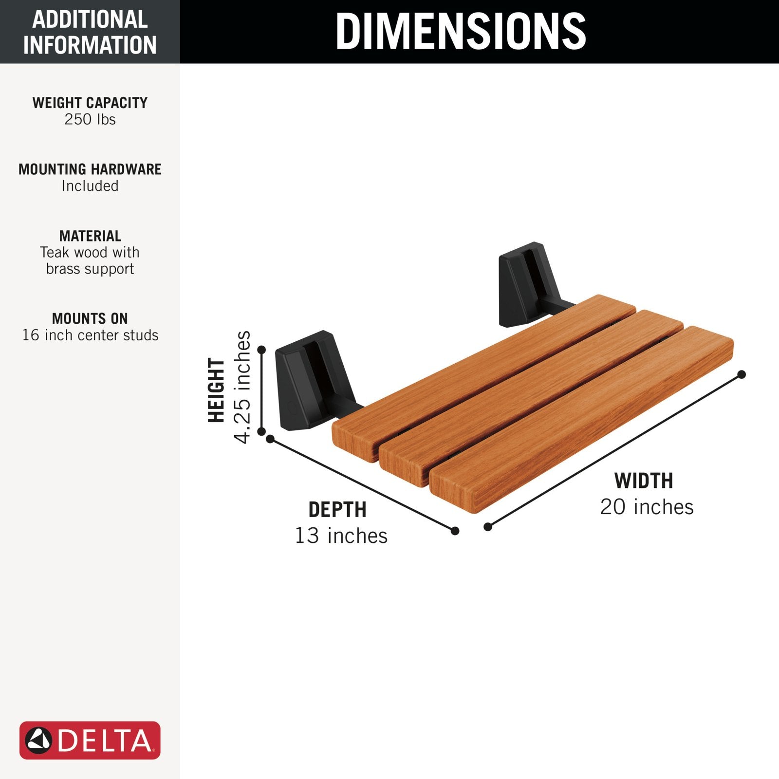 Wall-Mounted Fold-Up Wood Shower Seat – Lumicoat Stainless Finish