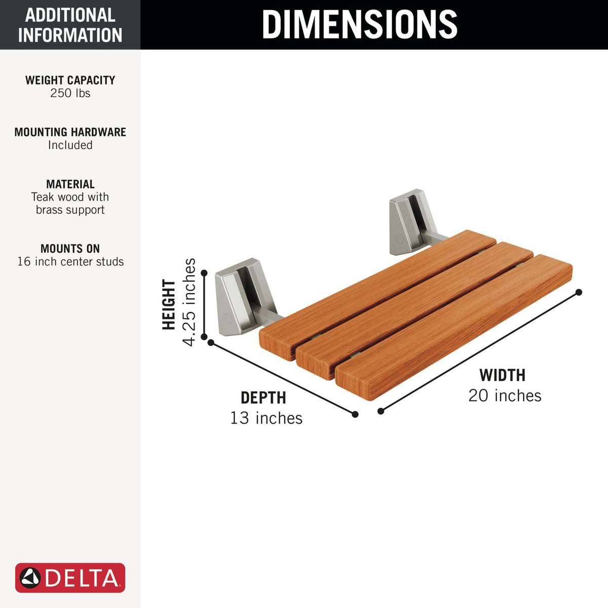 Wall-Mounted Fold-Up Wood Shower Seat – Lumicoat Stainless Finish